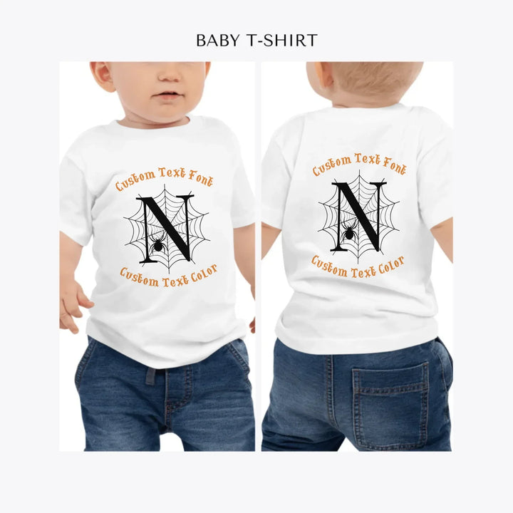Spider-Web-Initial-personalized-baby-t-shirt-artfulane