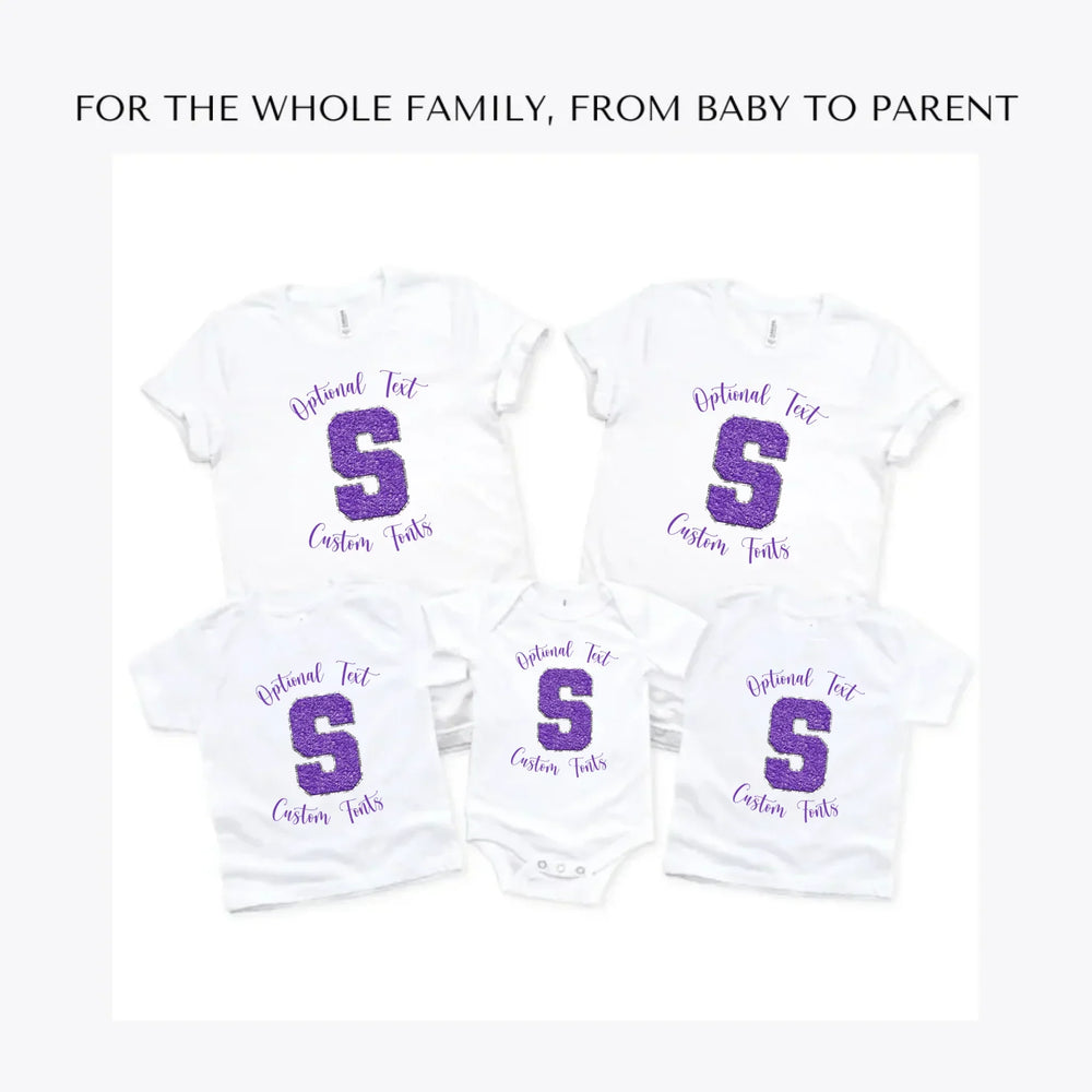 Faux-Chenille-Varsity-Letter-Initial- custom-t-shirts-adult-youth-toddler-baby-sizes-artfulane
