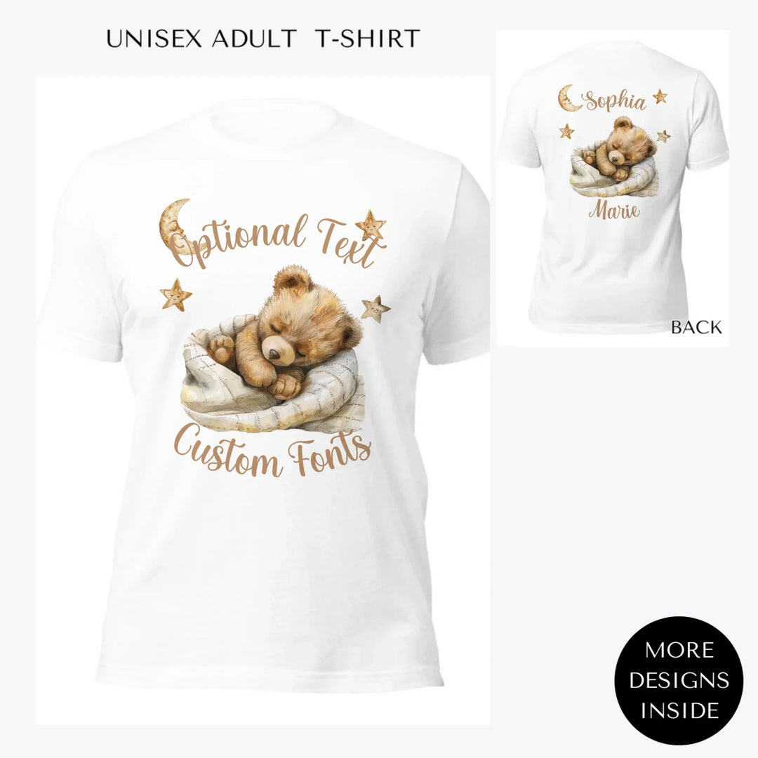 Brown-Teddy-Bear-Sleeping-on-Blanket-custom-women-unisex-adult-t-shirt-artfulane