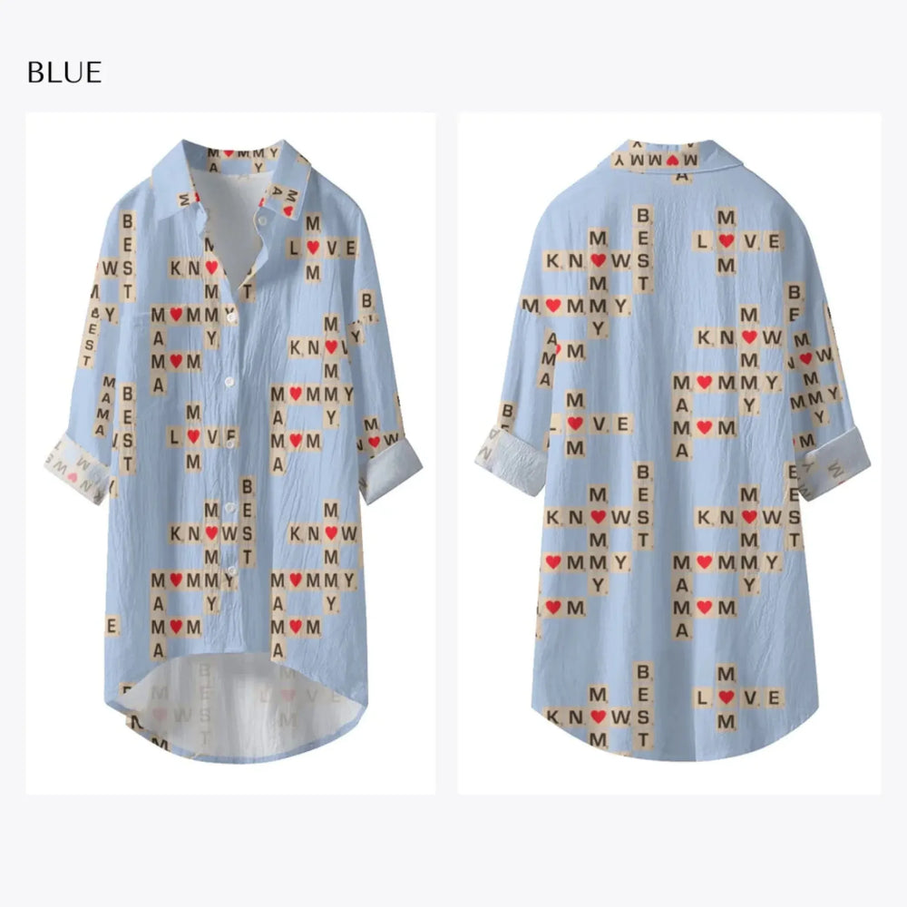 Women’s-Long-Sleeve-Button-Up-Shirt-Dress-Mom-Knows-Best-Word-Tile-blue-ARTFULANE