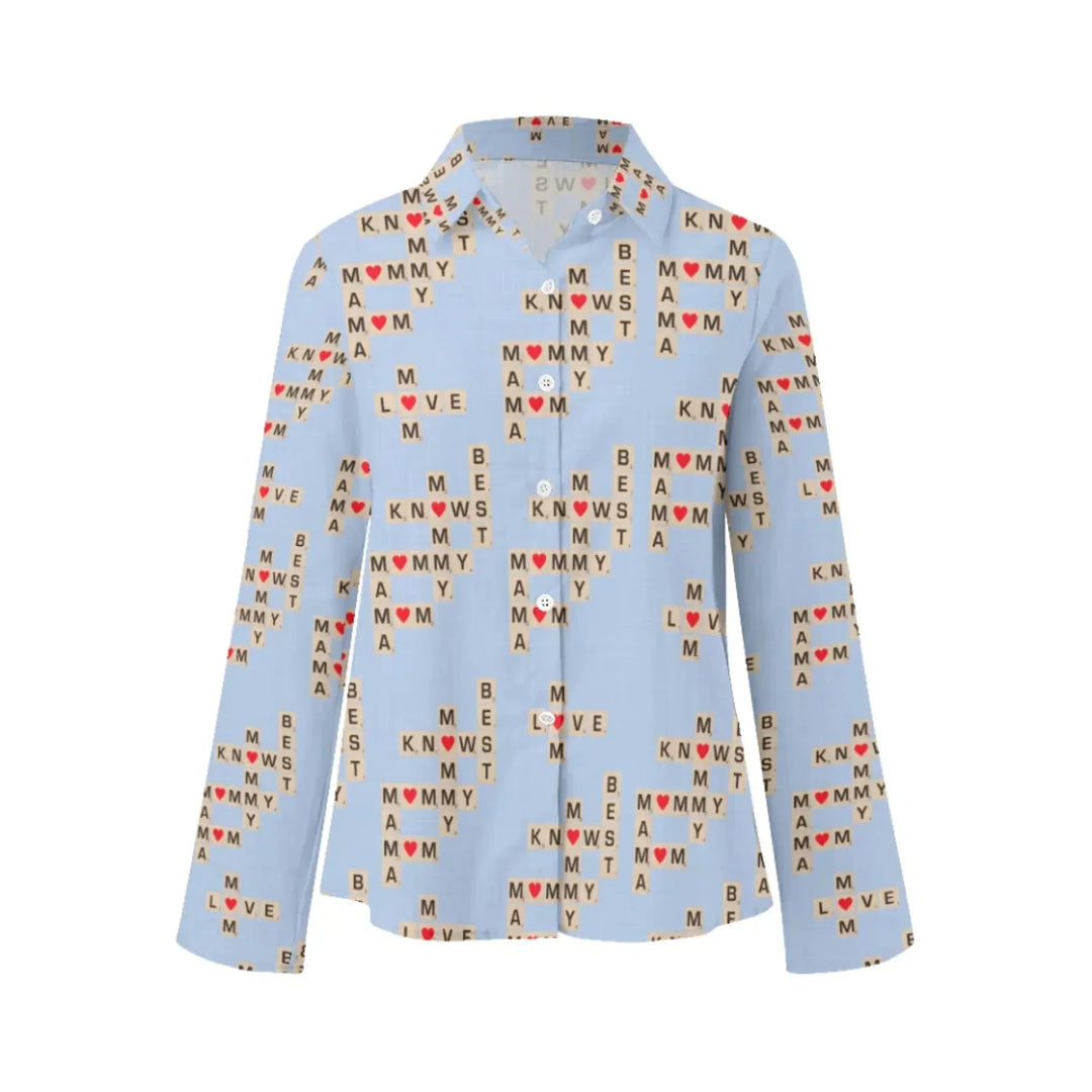 Women's-Linen-Shirt-Mom-Knows-Best-Word-Tile-blue-artfulane