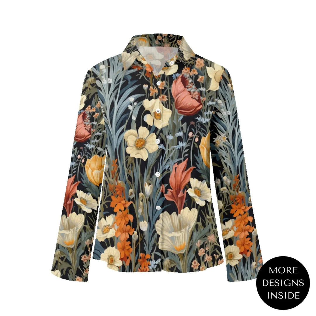 women's-linen-shirt-Boho-and-Natural-Wildflowers-and-Botanicals-Vintage-Florals-artfulane