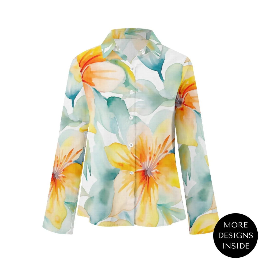 women's-linen-shirt-floral-watercolor-delicate-blooms-artfulane