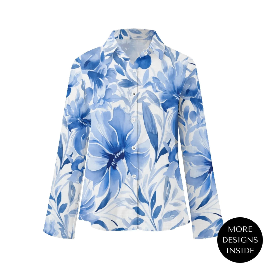 women's-linen-shirt-floral-watercolor-monochromatic-wildflowers-artfulane