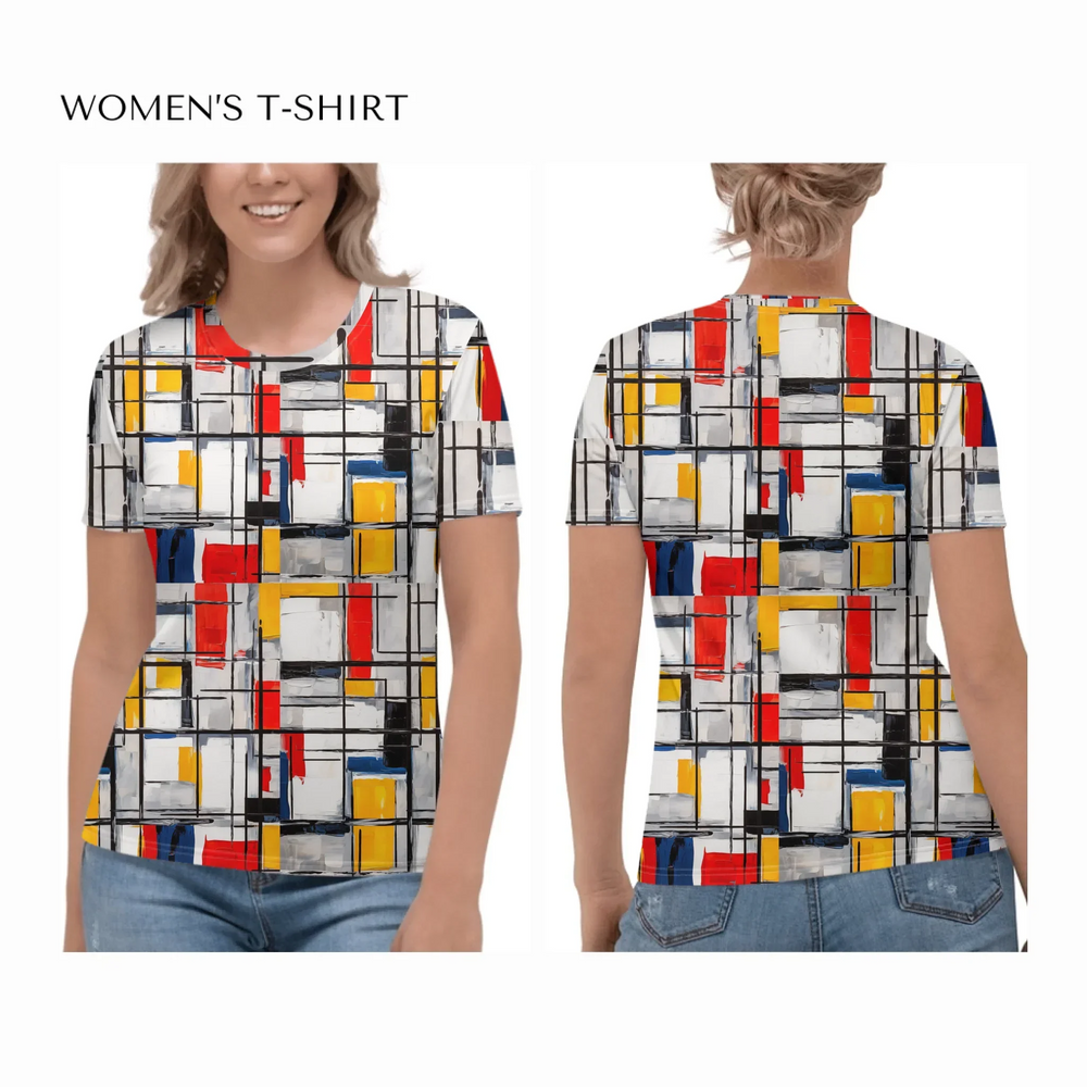 custom-modern-abstract-art-color-blocking-all-over-print-womens-crew-neck-t-shirt-on model-front-and-back-artfulane