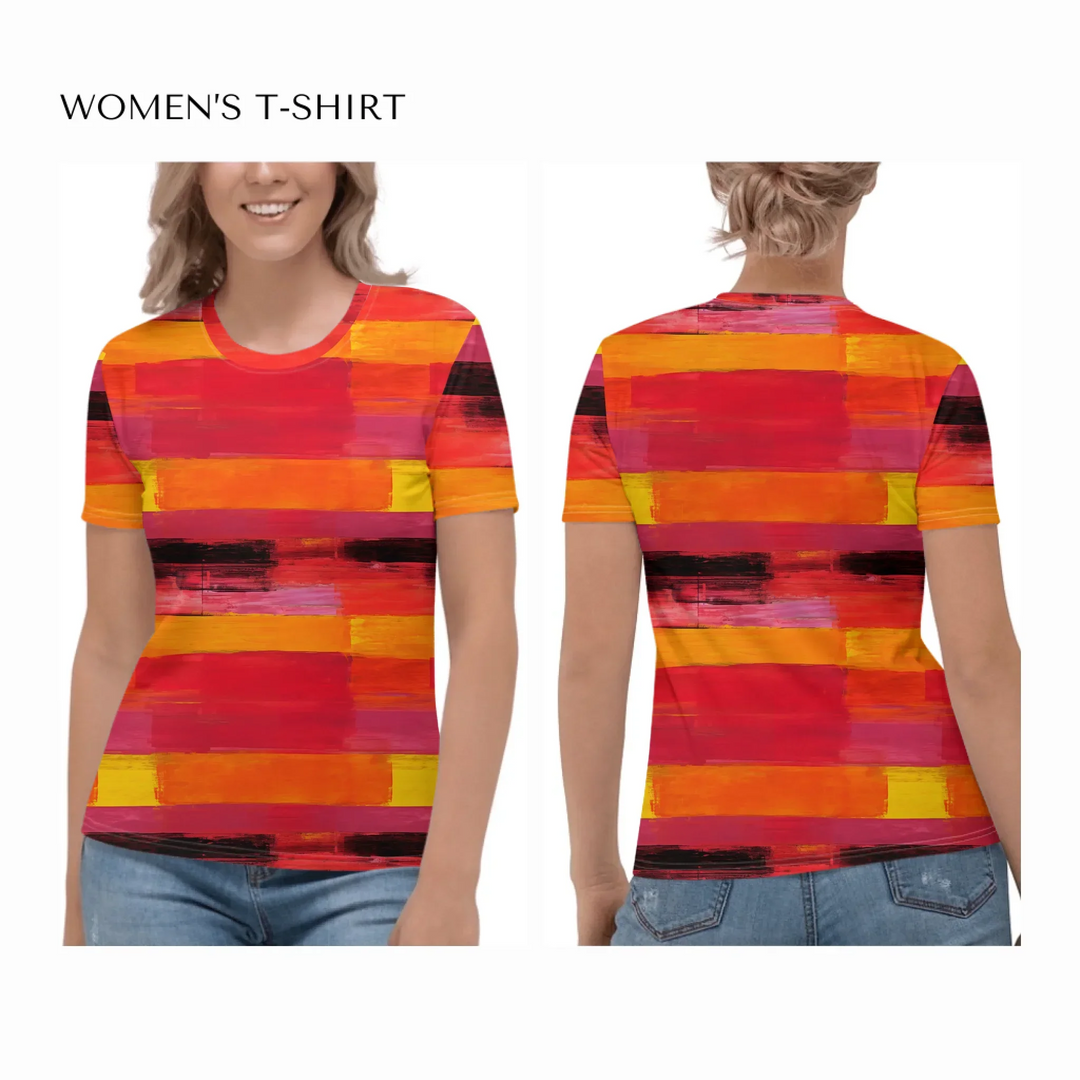 custom-modern-abstract-art-color-blocking-all-over-print-womens-crew-neck-t-shirt-on model-front-and-back-artfulane