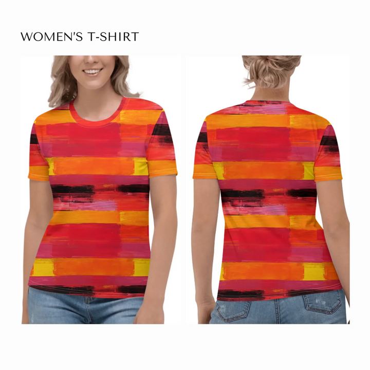 custom-modern-abstract-art-color-blocking-all-over-print-womens-crew-neck-t-shirt-on model-front-and-back-artfulane