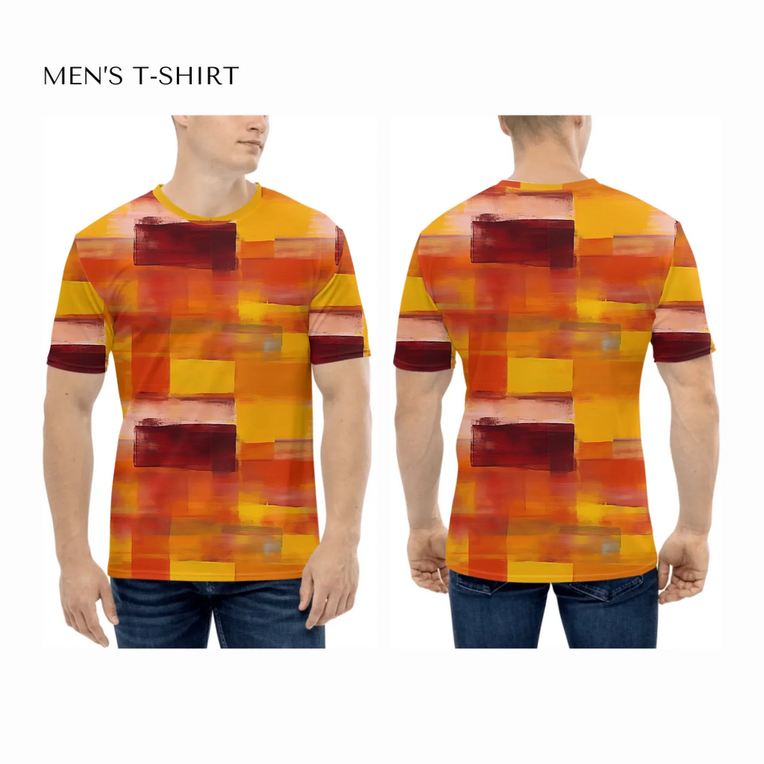 custom-modern-abstract-art-color-blocking-all-over-print-mens-crew-neck-t-shirt-on-model-front-and-back-artfulane