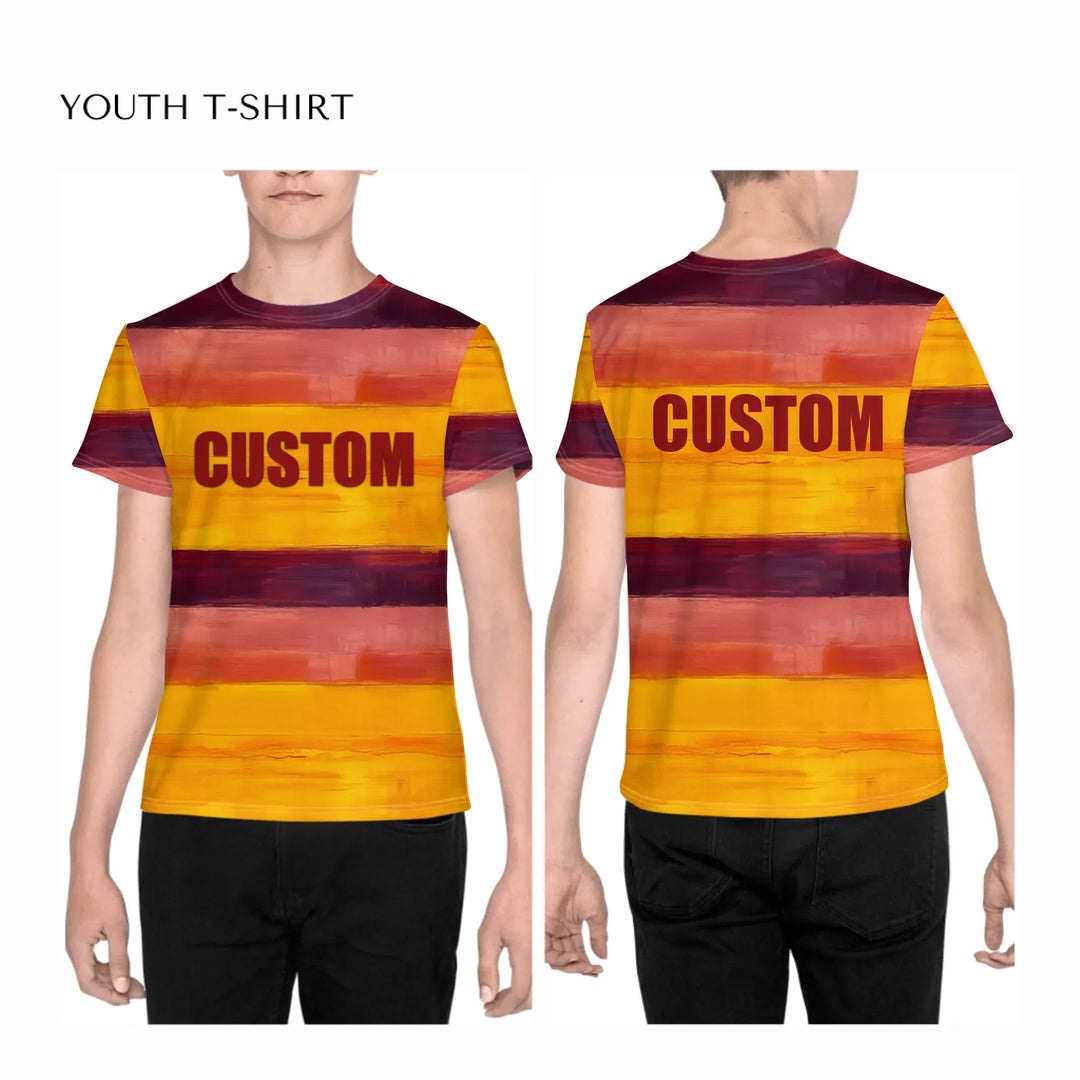 custom-modern-abstract-art-color-blocking-all-over-print-unisex-youth-crew-neck-t-shirt-on-boy-front-and-back-artfulane