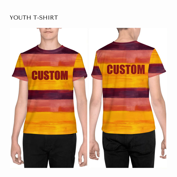 custom-modern-abstract-art-color-blocking-all-over-print-unisex-youth-crew-neck-t-shirt-on-boy-front-and-back-artfulane