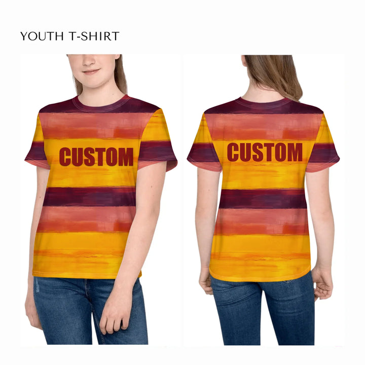 custom-modern-abstract-art-color-blocking-all-over-print-unisex-youth-crew-neck-t-shirt-on-girl-front-and-back-artfulane