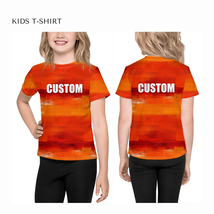 custom-modern-abstract-art-color-blocking-all-over-print-unisex-kids-crew-neck-t-shirt-on-model-front-and-back-artfulane