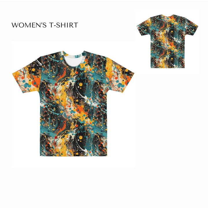 Custom-Expressionist-abstract-bold-brushstrokes-all-over-print-womens-crew-neck-t-shirt-front-and-back-artfulane