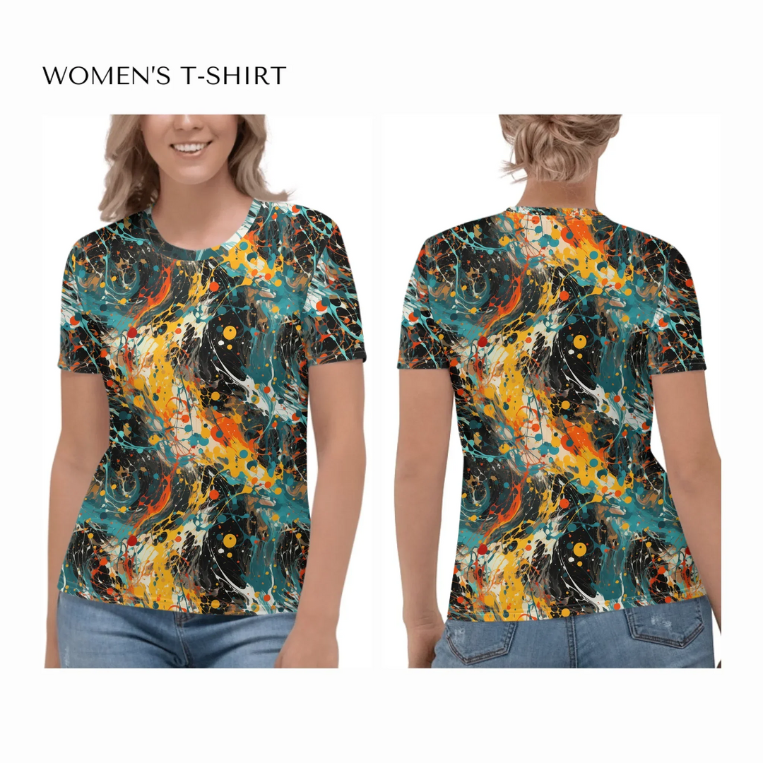 Custom-Expressionist-abstract-bold-brushstrokes-all-over-print-womens-crew-neck-t-shirt-on model-front-and-back-artfulane
