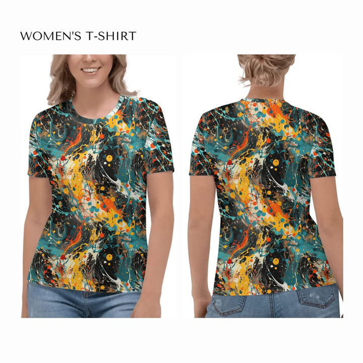 Custom-Expressionist-abstract-bold-brushstrokes-all-over-print-womens-crew-neck-t-shirt-on model-front-and-back-artfulane