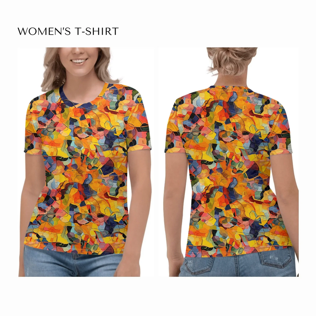 Custom-Expressionist-abstract-all-over-print-womens-crew-neck-t-shirt-on model-front-and-back-artfulane
