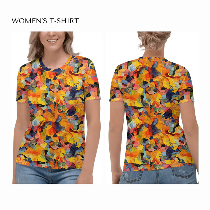 Custom-Expressionist-abstract-all-over-print-womens-crew-neck-t-shirt-on model-front-and-back-artfulane