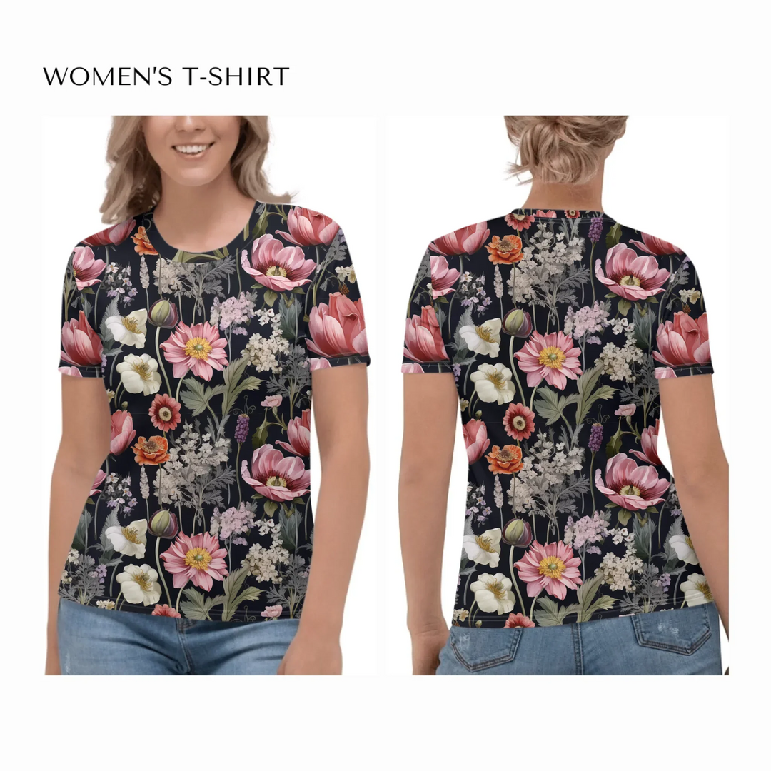 all-over-print-womens-crew-neck-t-shirt-on model-front-and-back-artfulane