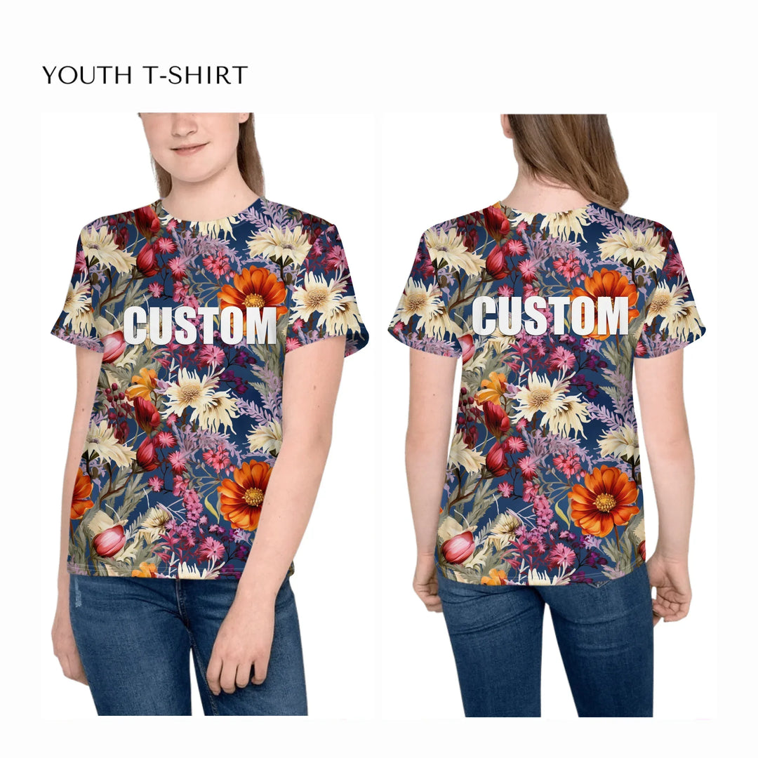 all-over-print-unisex-youth-crew-neck-t-shirt-on-girl-front-and-back-artfulane