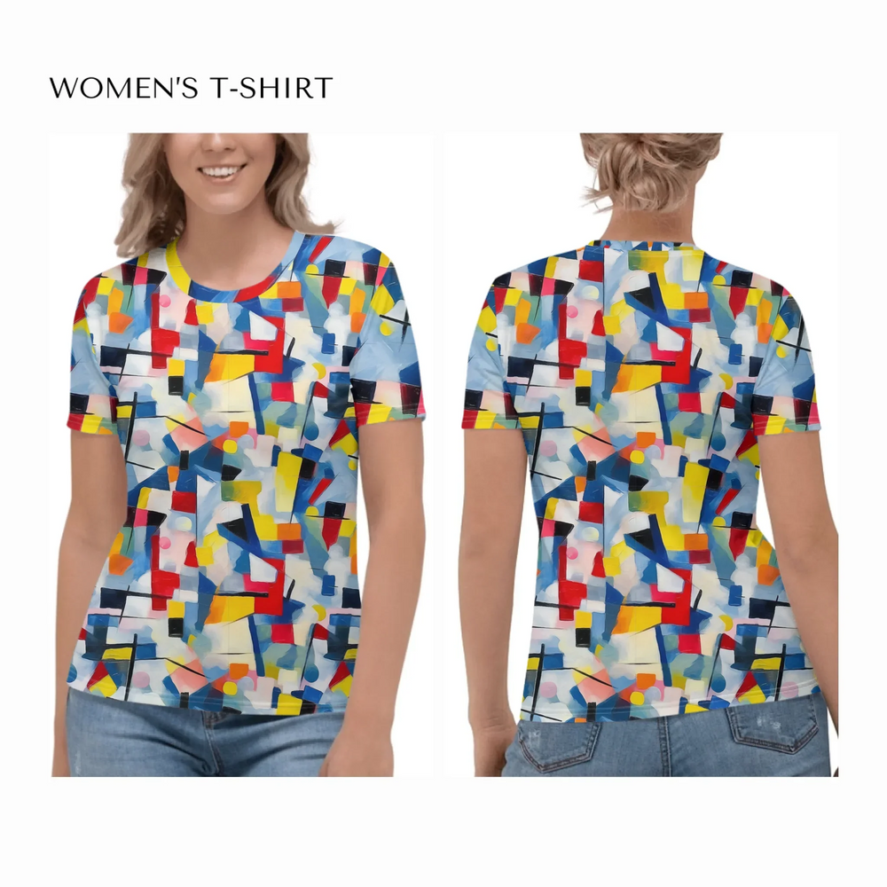 Custom-Modern-Geometric-Abstract-all-over-print-womens-crew-neck-t-shirt-on model-front-and-back-artfulane