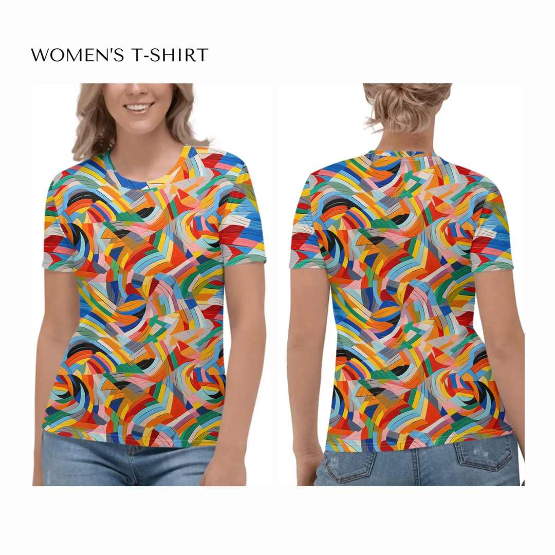 Custom-Modern-Geometric-Abstract-all-over-print-womens-crew-neck-t-shirt-on model-front-and-back-artfulane