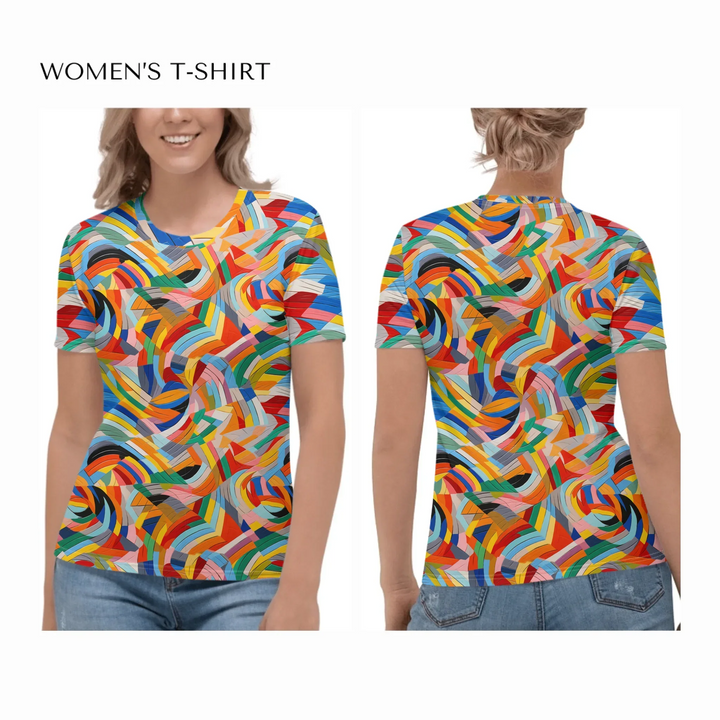 Custom-Modern-Geometric-Abstract-all-over-print-womens-crew-neck-t-shirt-on model-front-and-back-artfulane