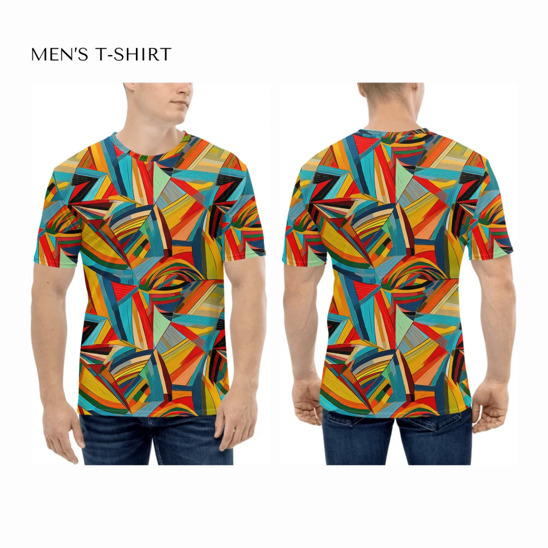 Custom-Modern-Geometric-Abstract-all-over-print-mens-crew-neck-t-shirt-on-model-front-and-back-artfulane