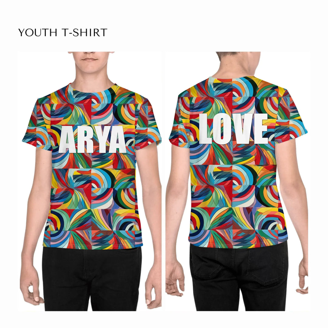 Custom-Modern-Geometric-Abstract-all-over-print-unisex-youth-crew-neck-t-shirt-on-boy-front-and-back-artfulane
