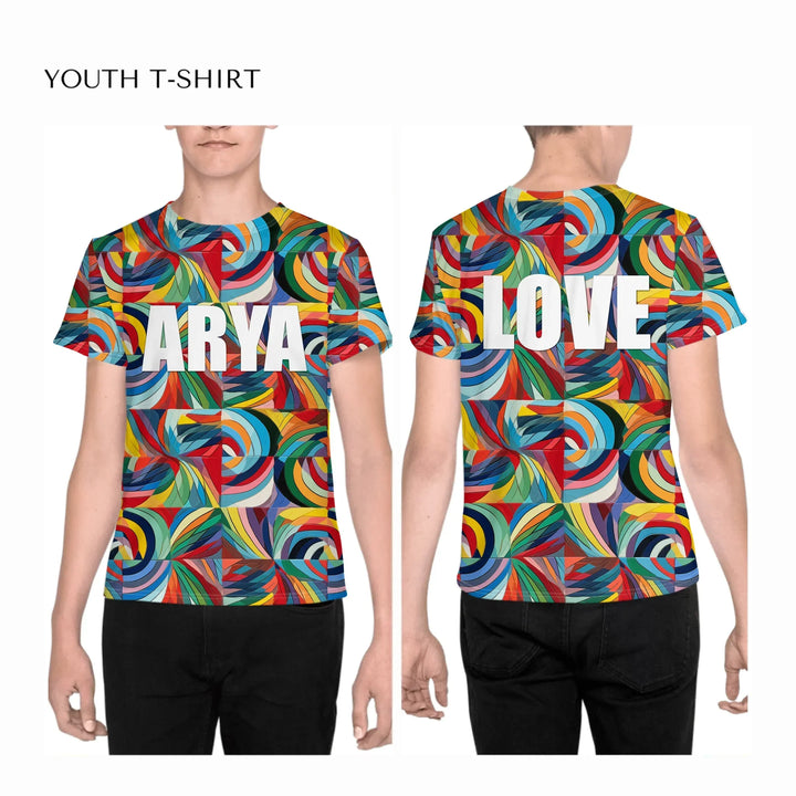 Custom-Modern-Geometric-Abstract-all-over-print-unisex-youth-crew-neck-t-shirt-on-boy-front-and-back-artfulane