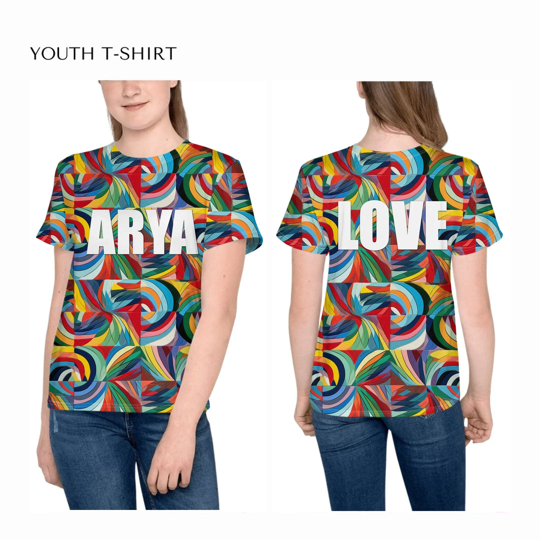 Custom-Modern-Geometric-Abstract-all-over-print-unisex-youth-crew-neck-t-shirt-on-girl-front-and-back-artfulane
