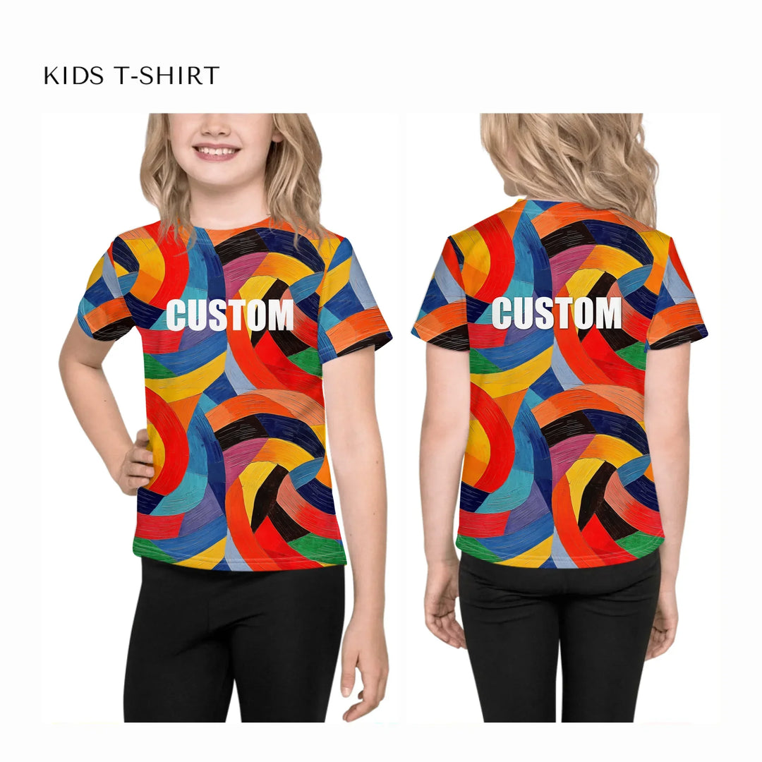 Custom-Modern-Geometric-Abstract-all-over-print-unisex-kids-crew-neck-t-shirt-on-model-front-and-back-artfulane