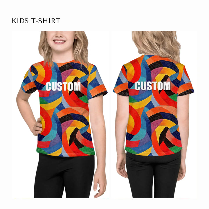 Custom-Modern-Geometric-Abstract-all-over-print-unisex-kids-crew-neck-t-shirt-on-model-front-and-back-artfulane