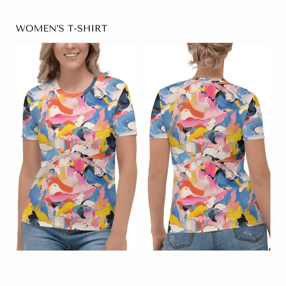 Custom-Modern-Abstract-T-Shirt-Textured-Abstract-all-over-print-womens-crew-neck-t-shirt-on model-front-and-back-artfulane