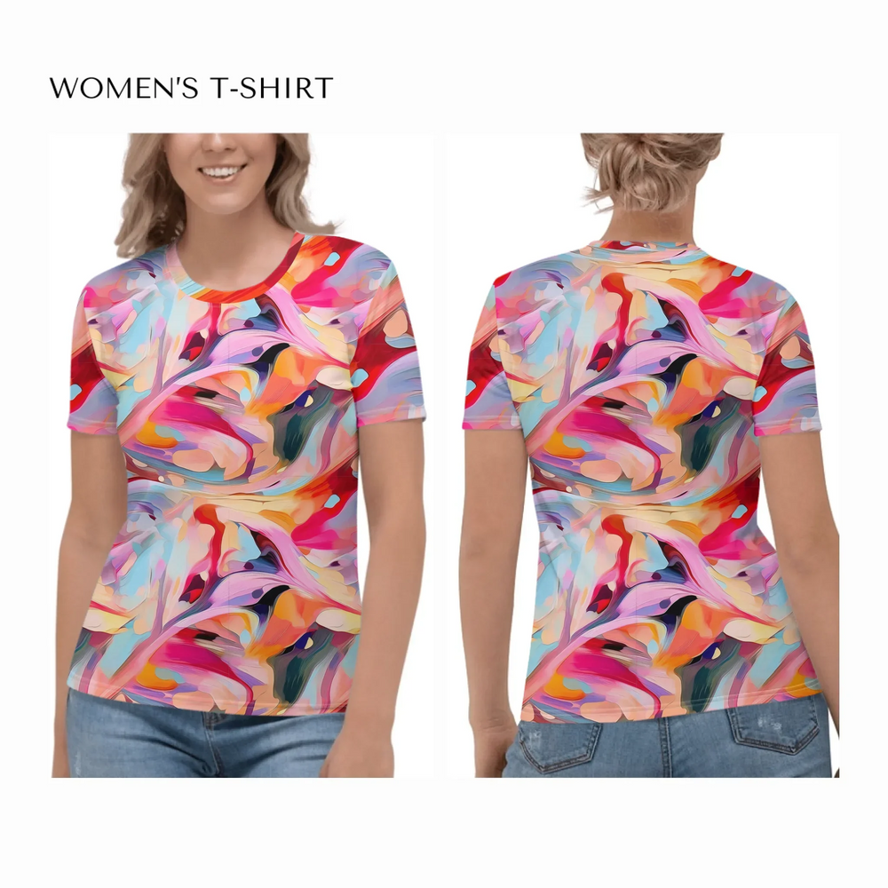 Custom-Modern-Digital-Abstract-all-over-print-womens-crew-neck-t-shirt-on model-front-and-back-artfulane
