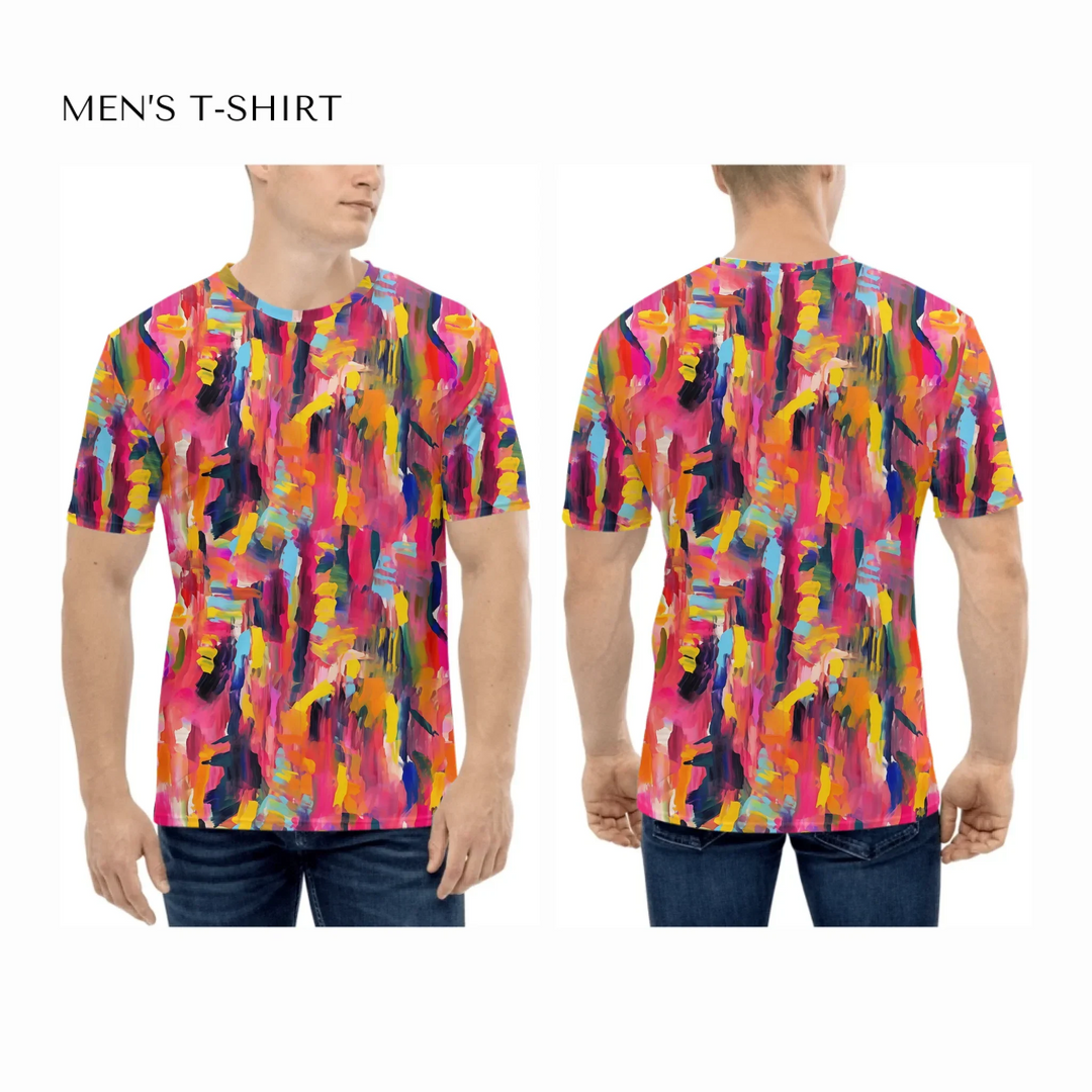 Custom-Modern-Digital-Abstract-all-over-print-mens-crew-neck-t-shirt-on-model-front-and-back-artfulane