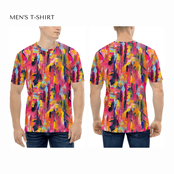 Custom-Modern-Digital-Abstract-all-over-print-mens-crew-neck-t-shirt-on-model-front-and-back-artfulane