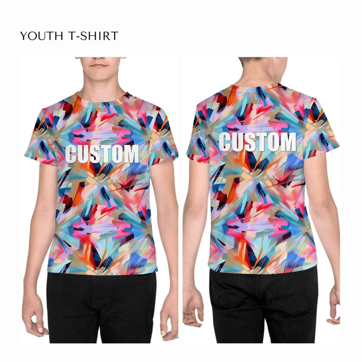 Custom-Modern-Digital-Abstract-all-over-print-unisex-youth-crew-neck-t-shirt-on-boy-front-and-back-artfulane
