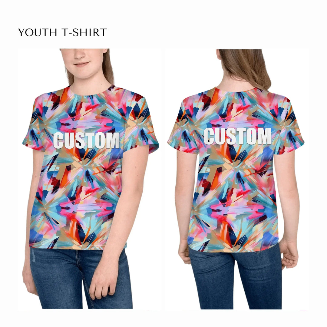 Custom-Modern-Digital-Abstract-all-over-print-unisex-youth-crew-neck-t-shirt-on-girl-front-and-back-artfulane