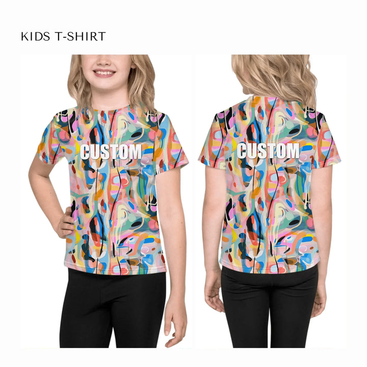 Custom-Modern-Digital-Abstract-all-over-print-unisex-kids-crew-neck-t-shirt-on-model-front-and-back-artfulane