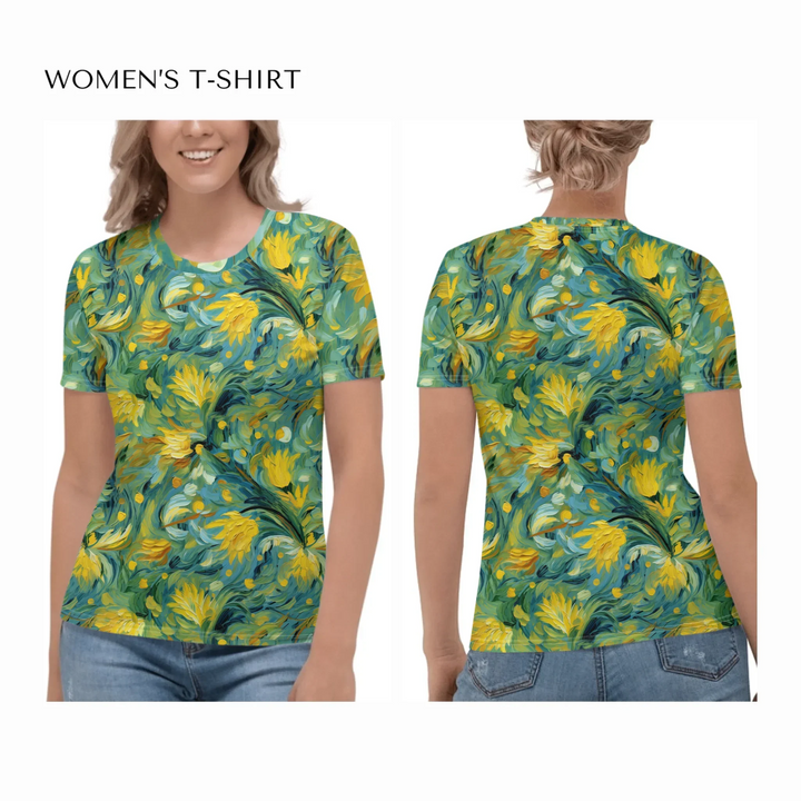 Custom-Expressionist-Abstract-all-over-print-womens-crew-neck-t-shirt-on model-front-and-back-artfulane