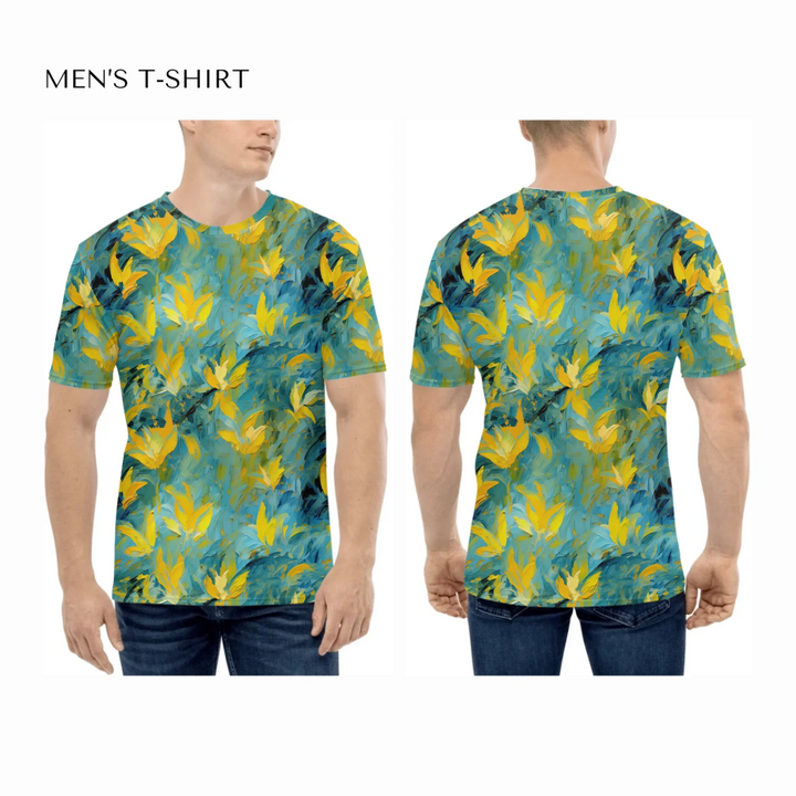 Custom-Expressionist-Abstract-all-over-print-mens-crew-neck-t-shirt-on-model-front-and-back-artfulane