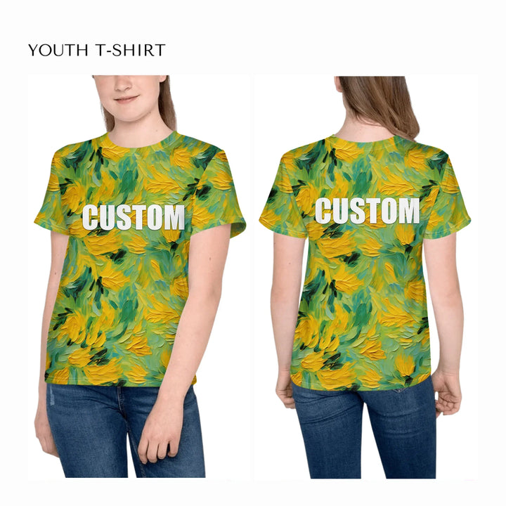 Custom-Expressionist-Abstract-all-over-print-unisex-youth-crew-neck-t-shirt-on-girl-front-and-back-artfulane