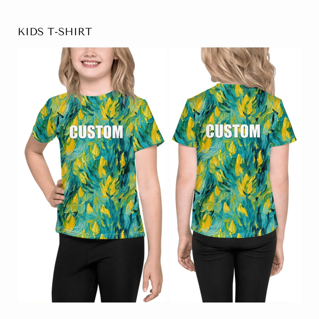 Custom-Expressionist-Abstract-all-over-print-unisex-kids-crew-neck-t-shirt-on-model-front-and-back-artfulane