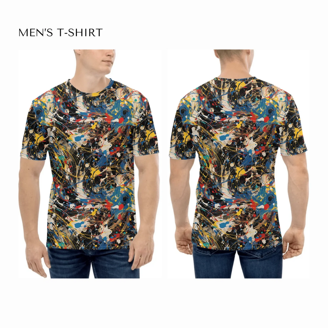 Custom-Expressionist-abstract-bold-brushstrokes-all-over-print-mens-crew-neck-t-shirt-on-model-front-and-back-artfulane