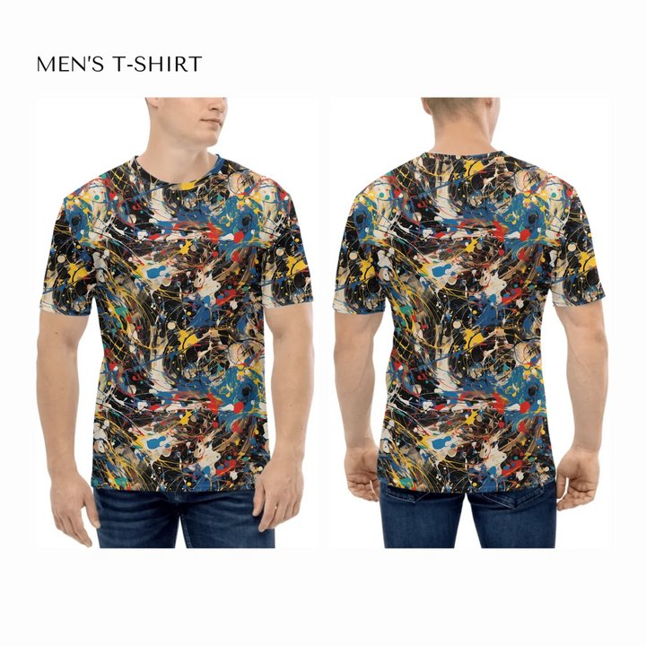Custom-Expressionist-abstract-bold-brushstrokes-all-over-print-mens-crew-neck-t-shirt-on-model-front-and-back-artfulane