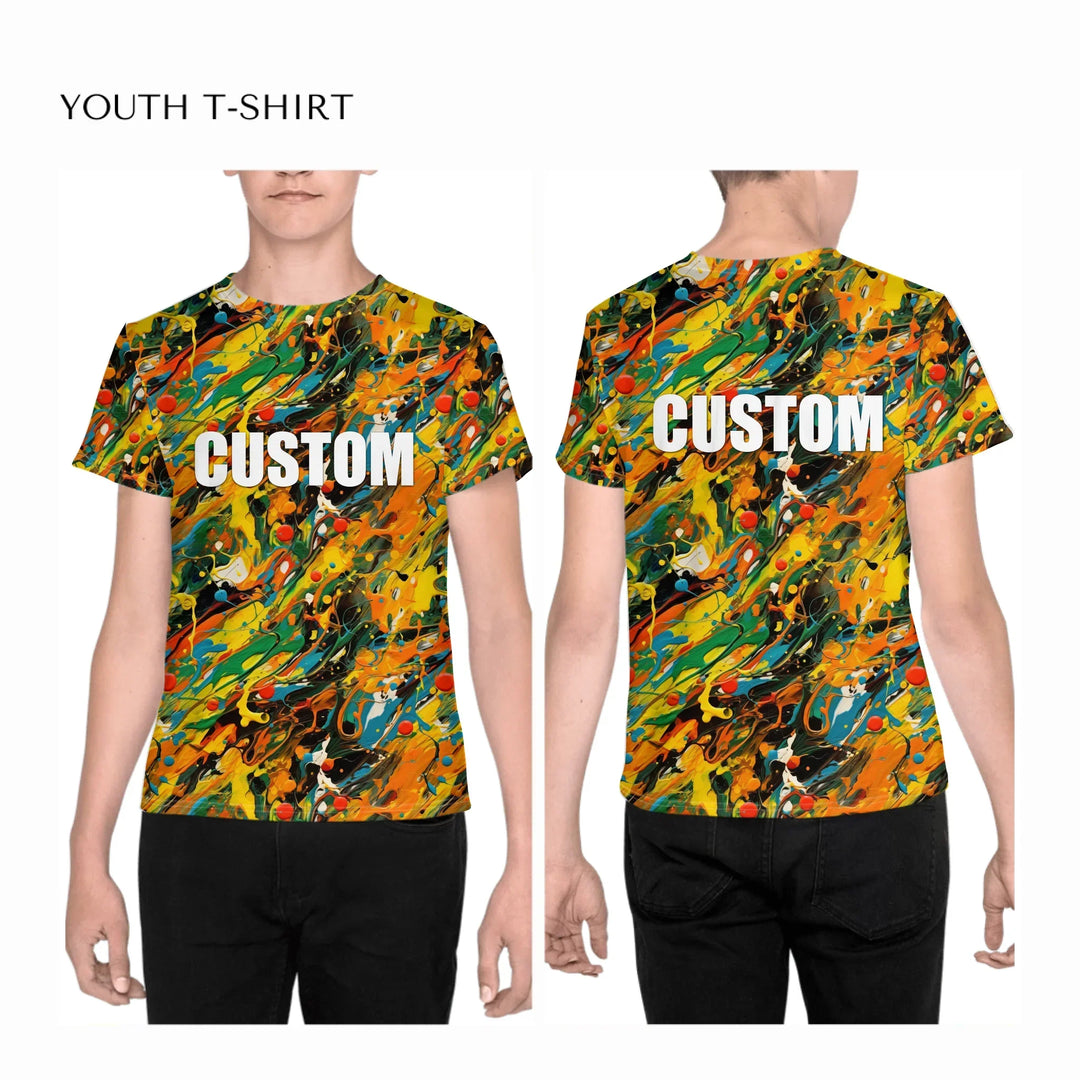 Custom-Expressionist-abstract-bold-brushstrokes-all-over-print-unisex-youth-crew-neck-t-shirt-on-boy-front-and-back-artfulane