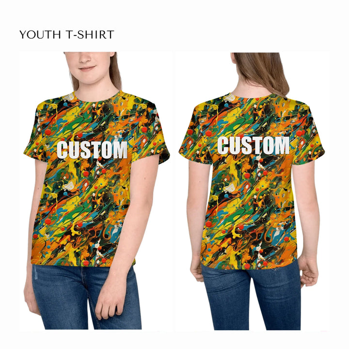 Custom-Expressionist-abstract-bold-brushstrokes-all-over-print-unisex-youth-crew-neck-t-shirt-on-girl-front-and-back-artfulane