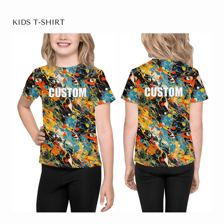 Custom-Expressionist-abstract-bold-brushstrokes-all-over-print-unisex-kids-crew-neck-t-shirt-on-model-front-and-back-artfulane