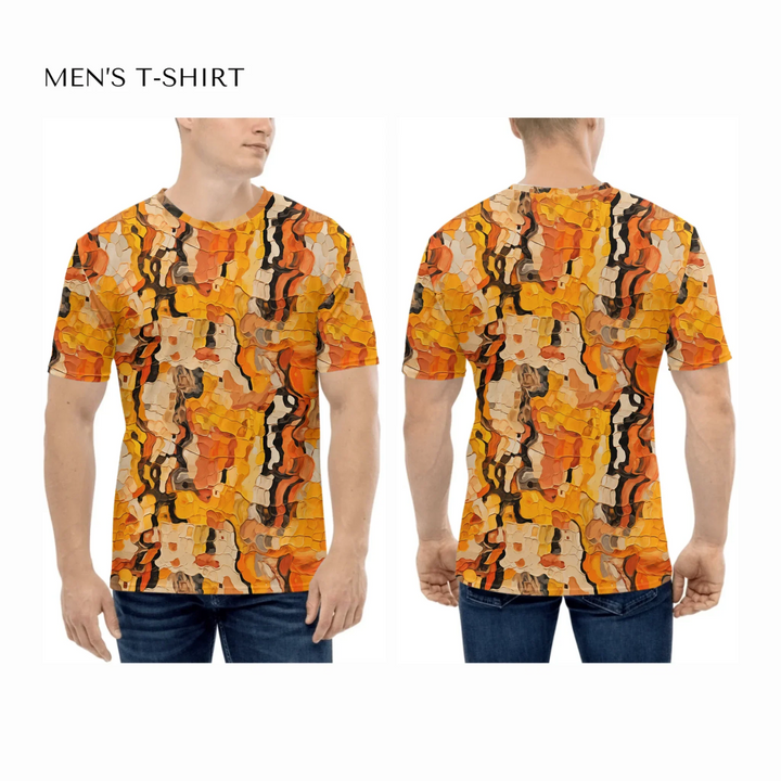 Custom-Expressionist-abstract-all-over-print-mens-crew-neck-t-shirt-on-model-front-and-back-artfulane