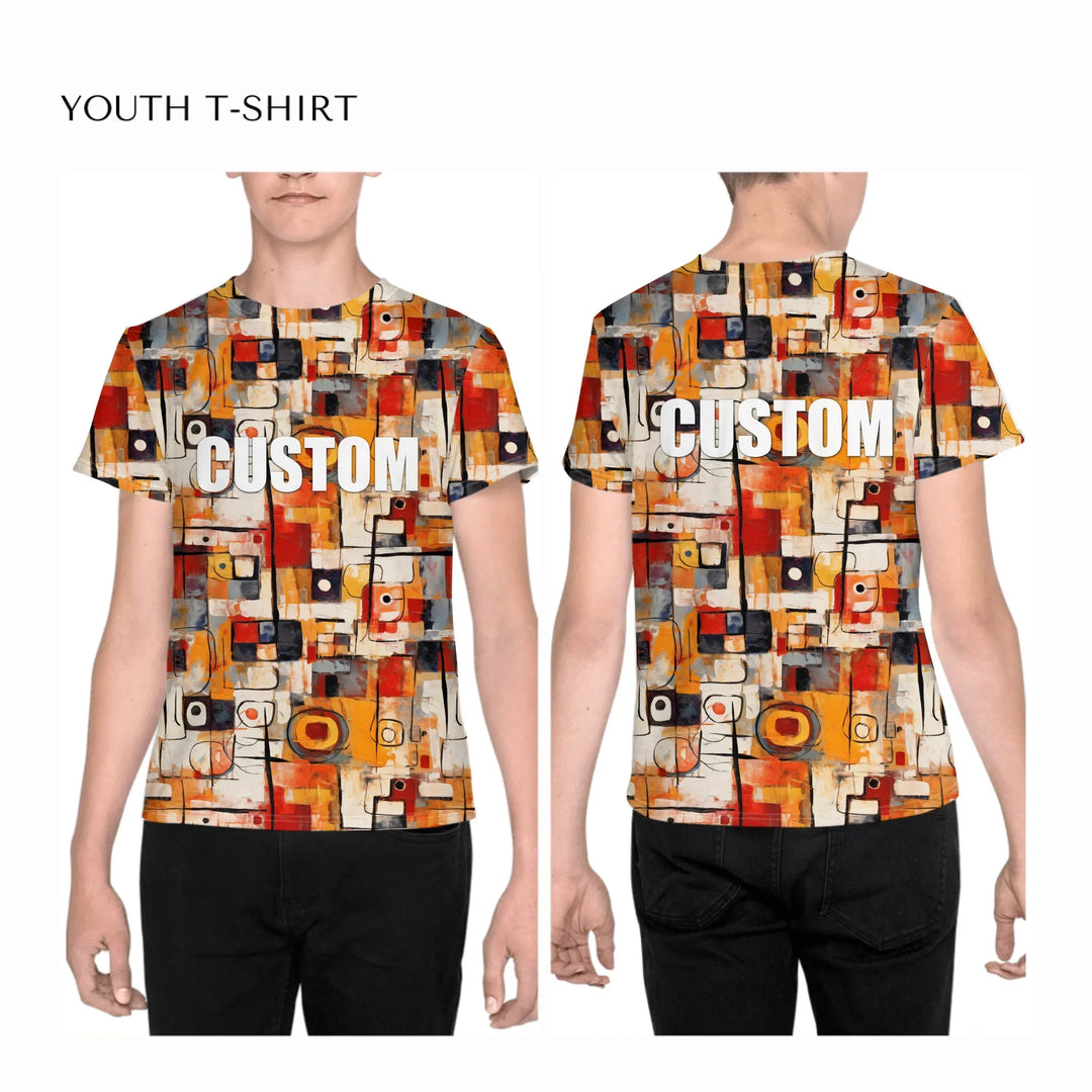 Custom-Expressionist-abstract-all-over-print-unisex-youth-crew-neck-t-shirt-on-boy-front-and-back-artfulane
